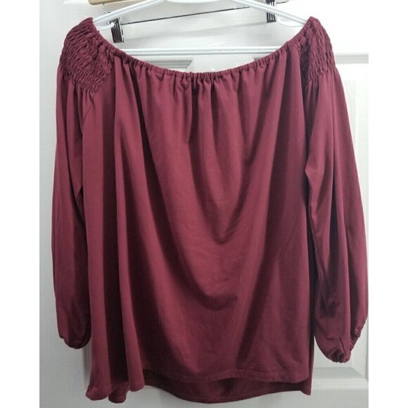 Hiatus Wine Red Top 1X Balloon Sleeves Off Shoulder - Picture 2 of 6